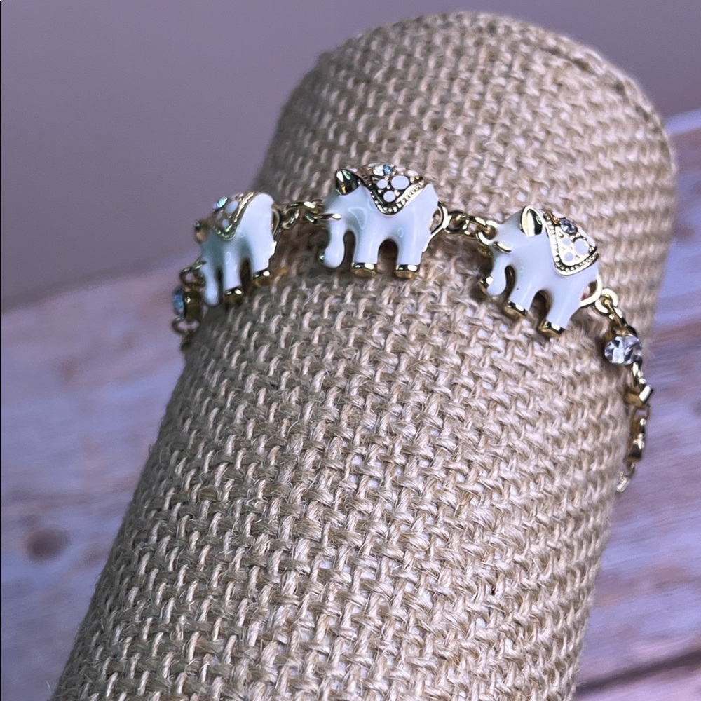18K Gold Plated White Enamel And Rhinestone Elephant Chain Link Bracelet